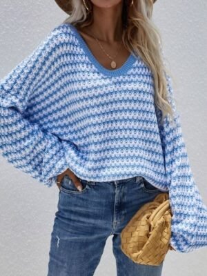 Streetwear Casual Striped Deep V Puff Long Sleeve Top - Image 3