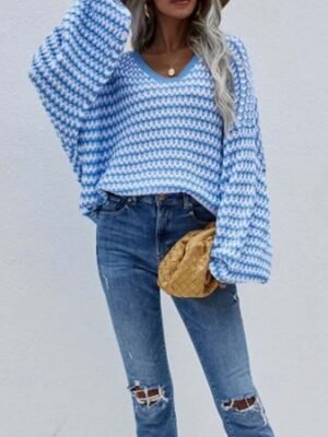 Streetwear Casual Striped Deep V Puff Long Sleeve Top - Image 4