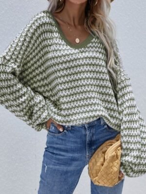 Streetwear Casual Striped Deep V Puff Long Sleeve Top - Image 5