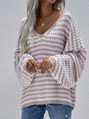 Streetwear Casual Striped Deep V Puff Long Sleeve Top - Image 8