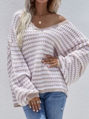 Streetwear Casual Striped Deep V Puff Long Sleeve Top - Image 9