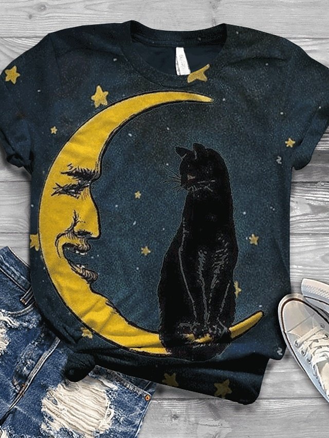 Streetwear Regular Cat Print Crew Neck Short Sleeve Top - Image 1