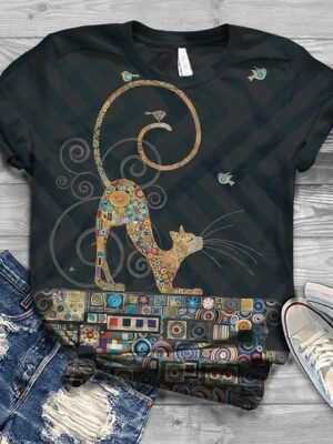 Streetwear Regular Cat Print Crew Neck Short Sleeve Top - Image 4
