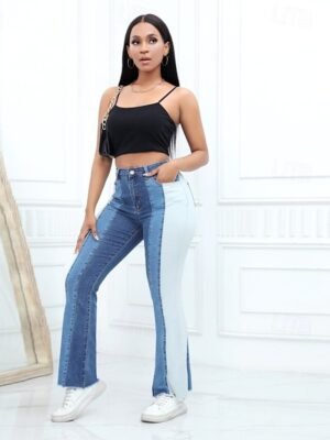 Streetwear Regular Fit Colour Block High Waist Full Length Jeans - Image 1