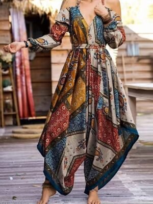 Streetwear Regular Fit Floral Halter Neck Long Sleeve Jumpsuit - Image 1