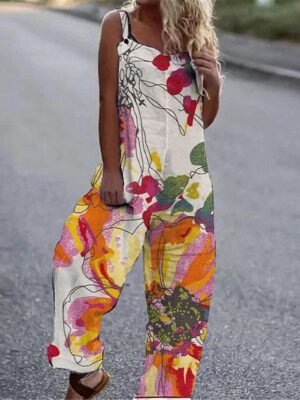 Streetwear Regular Fit Floral Square Neck Sleeveless Summer Overall - Image 3