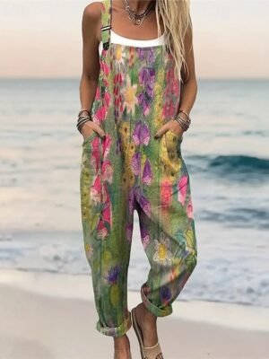 Streetwear Regular Fit Floral U Neck Short Sleeve Wide Leg Jumpsuit - Image 1
