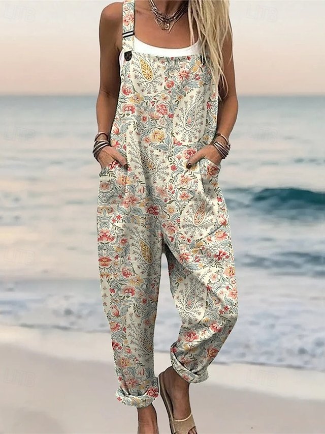 Streetwear Regular Fit Floral U Neck Short Sleeve Wide Leg Jumpsuit - Image 1