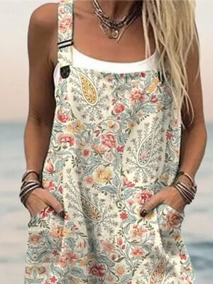 Streetwear Regular Fit Floral U Neck Short Sleeve Wide Leg Jumpsuit - Image 2