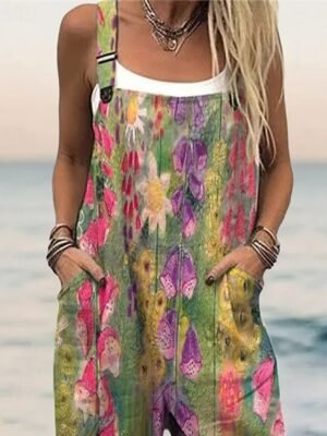 Streetwear Regular Fit Floral U Neck Short Sleeve Wide Leg Jumpsuit - Image 2