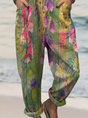 Streetwear Regular Fit Floral U Neck Short Sleeve Wide Leg Jumpsuit - Image 3