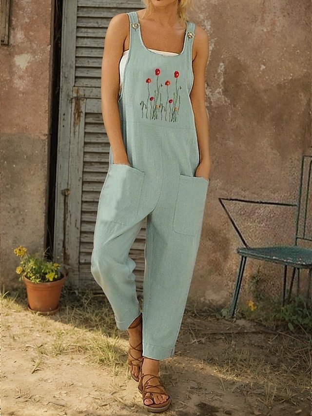 Streetwear Regular Fit Floral U Neck Sleeveless Pocket Overall - Image 1