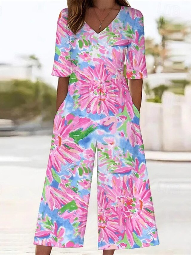 Streetwear Regular Fit Floral V Neck Short Sleeve Wide Leg Jumpsuit - Image 1