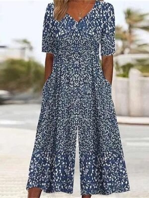 Streetwear Regular Fit Floral V Neck Short Sleeve Wide Leg Jumpsuit - Image 1