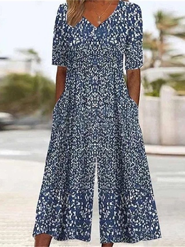 Streetwear Regular Fit Floral V Neck Short Sleeve Wide Leg Jumpsuit - Image 1