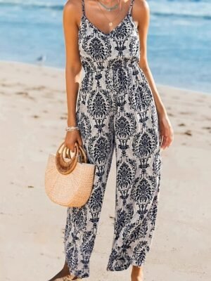 Streetwear Regular Fit Floral V Neck Sleeveless Dungarees Jumpsuit - Image 1