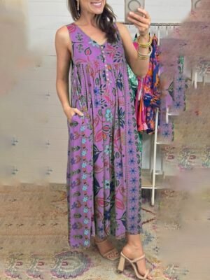 Streetwear Regular Fit Floral V Neck Sleeveless Jumpsuit - Image 1