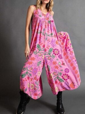 Streetwear Regular Fit Floral V Neck Sleeveless Jumpsuit - Image 2