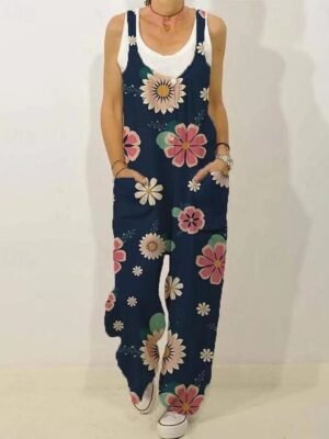 Streetwear Regular Fit Floral V Neck Sleeveless Jumpsuit - Image 4
