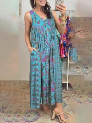 Streetwear Regular Fit Floral V Neck Sleeveless Jumpsuit - Image 5