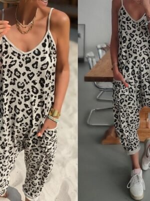 Streetwear Regular Fit Leopard V Neck Sleeveless Jumpsuit - Image 1