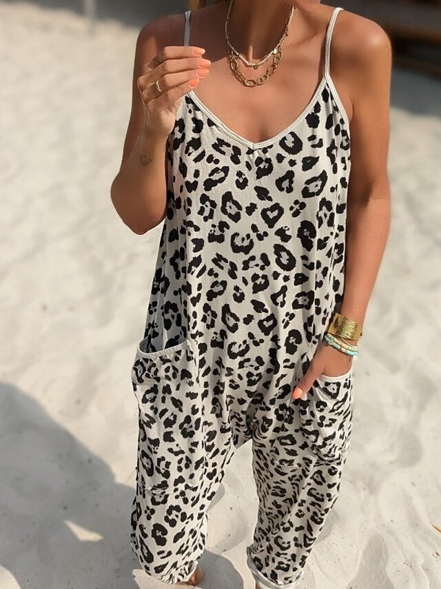 Streetwear Regular Fit Leopard V Neck Sleeveless Jumpsuit - Image 2