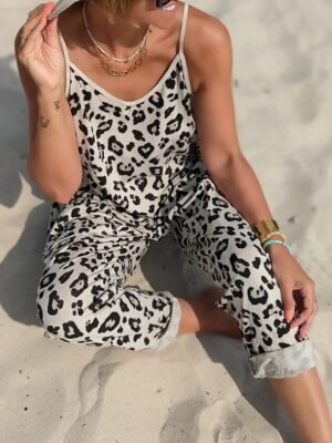 Streetwear Regular Fit Leopard V Neck Sleeveless Jumpsuit - Image 3