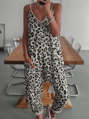 Streetwear Regular Fit Leopard V Neck Sleeveless Jumpsuit - Image 4
