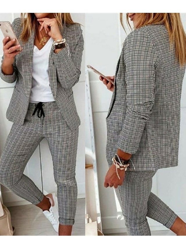 Streetwear Regular Fit Plaid Shirt Collar Long Sleeve Blazer Suit - Image 1