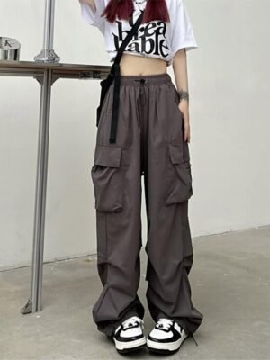 Streetwear Regular Fit Plain Natural Pocket Elastic Drawstring Full Length Cargo Pants - Image 12