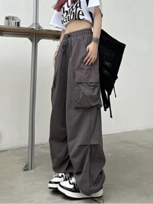 Streetwear Regular Fit Plain Natural Pocket Elastic Drawstring Full Length Cargo Pants - Image 14