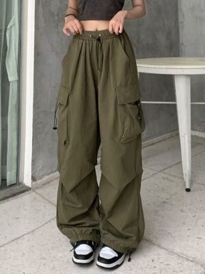 Streetwear Regular Fit Plain Natural Pocket Elastic Drawstring Full Length Cargo Pants - Image 3