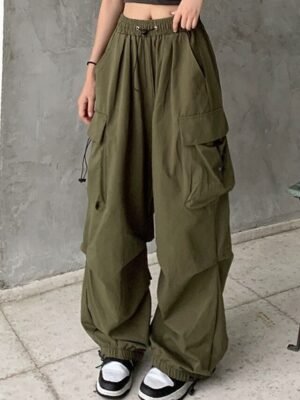 Streetwear Regular Fit Plain Natural Pocket Elastic Drawstring Full Length Cargo Pants - Image 4
