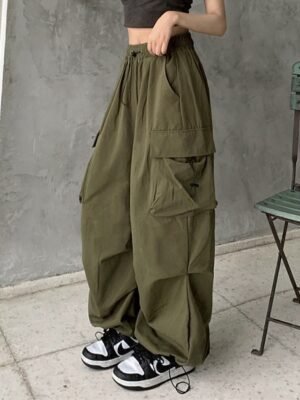 Streetwear Regular Fit Plain Natural Pocket Elastic Drawstring Full Length Cargo Pants - Image 6
