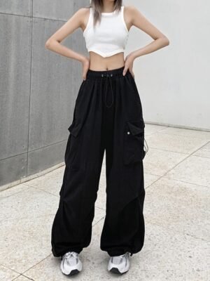 Streetwear Regular Fit Plain Natural Pocket Elastic Drawstring Full Length Cargo Pants - Image 7