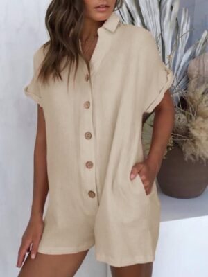 Streetwear Regular Fit Solid Colour Shirt Collar Short Sleeve Romper - Image 1
