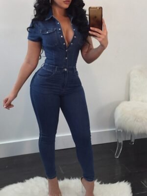 Streetwear Regular Fit Solid Colour Shirt Collar Short Sleeve Jumpsuit - Image 1