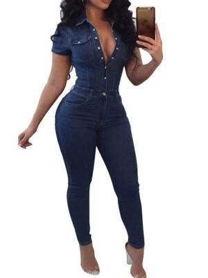 Streetwear Regular Fit Solid Colour Shirt Collar Short Sleeve Jumpsuit - Image 3