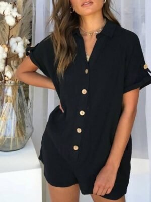 Streetwear Regular Fit Solid Colour Shirt Collar Short Sleeve Romper - Image 4