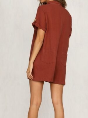 Streetwear Regular Fit Solid Colour Shirt Collar Short Sleeve Romper - Image 6