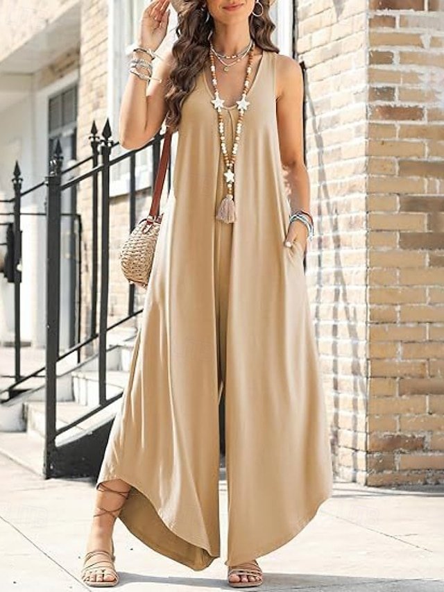 Streetwear Regular Fit Solid Colour V Neck Sleeveless Jumpsuit - Image 1