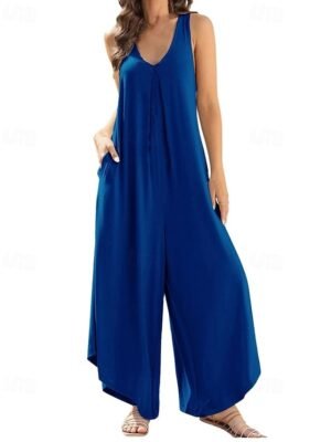 Streetwear Regular Fit Solid Colour V Neck Sleeveless Jumpsuit - Image 19
