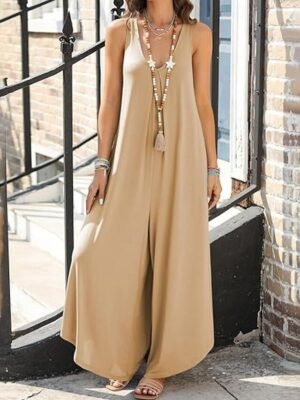 Streetwear Regular Fit Solid Colour V Neck Sleeveless Jumpsuit - Image 3
