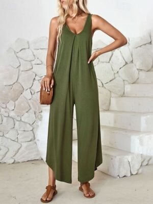 Streetwear Regular Fit Solid Colour V Neck Sleeveless Jumpsuit - Image 5
