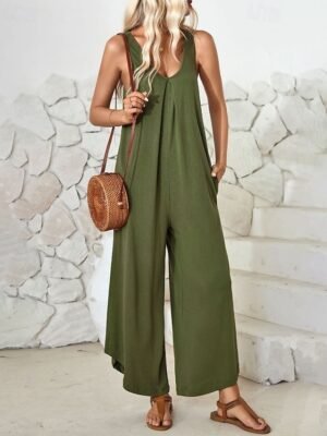Streetwear Regular Fit Solid Colour V Neck Sleeveless Jumpsuit - Image 7