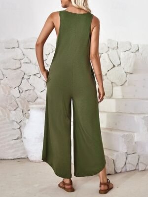 Streetwear Regular Fit Solid Colour V Neck Sleeveless Jumpsuit - Image 8