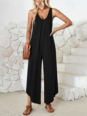Streetwear Regular Fit Solid Colour V Neck Sleeveless Jumpsuit - Image 9