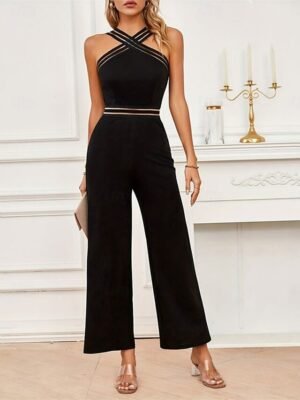 Streetwear Regular Fit Solid Halter Neck Sleeveless Mesh Backless Jumpsuit - Image 3