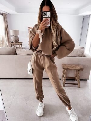 Streetwear Regular Fit Solid Hooded Long Sleeve Tracksuit Set - Image 9