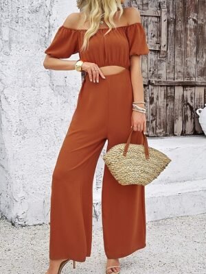 Streetwear Regular Fit Solid Off Shoulder Short Sleeve Cut Out Jumpsuit - Image 1